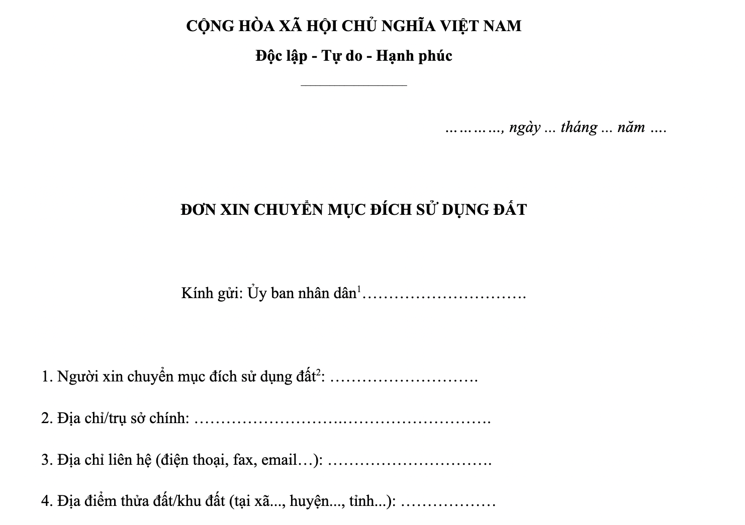Đơn xin chuyển mục đích sử dụng đất