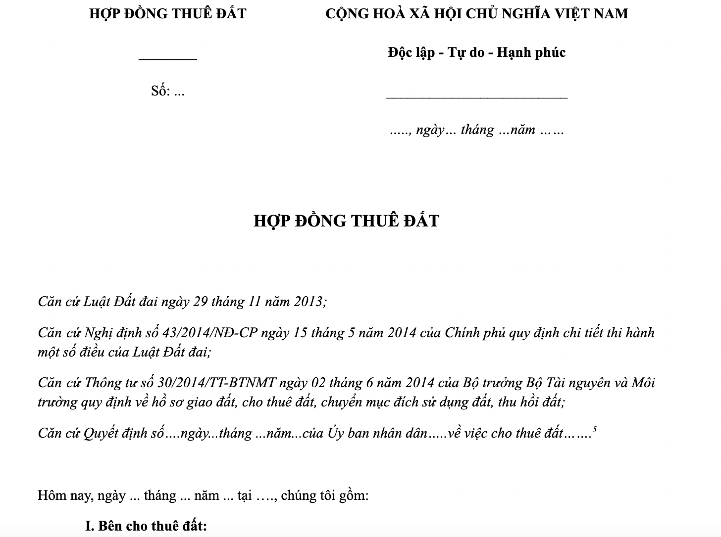 Mẫu Hợp đồng thuê đất hiện nay
