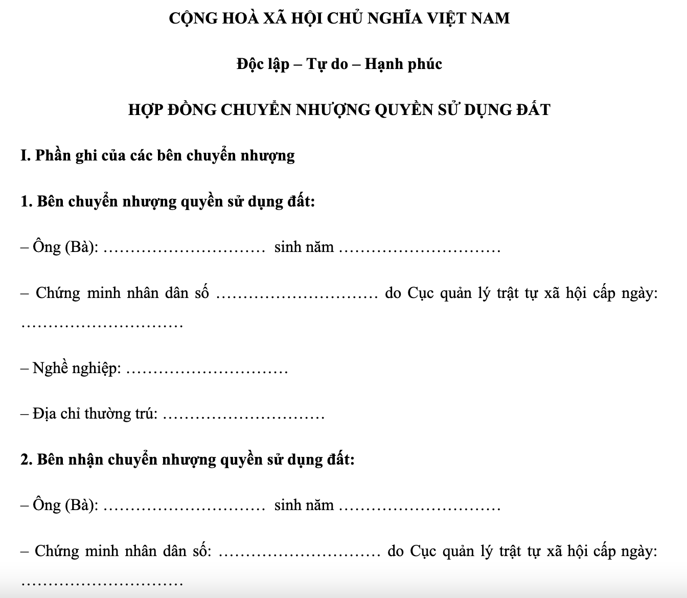 Mẫu giấy chuyển nhượng đất