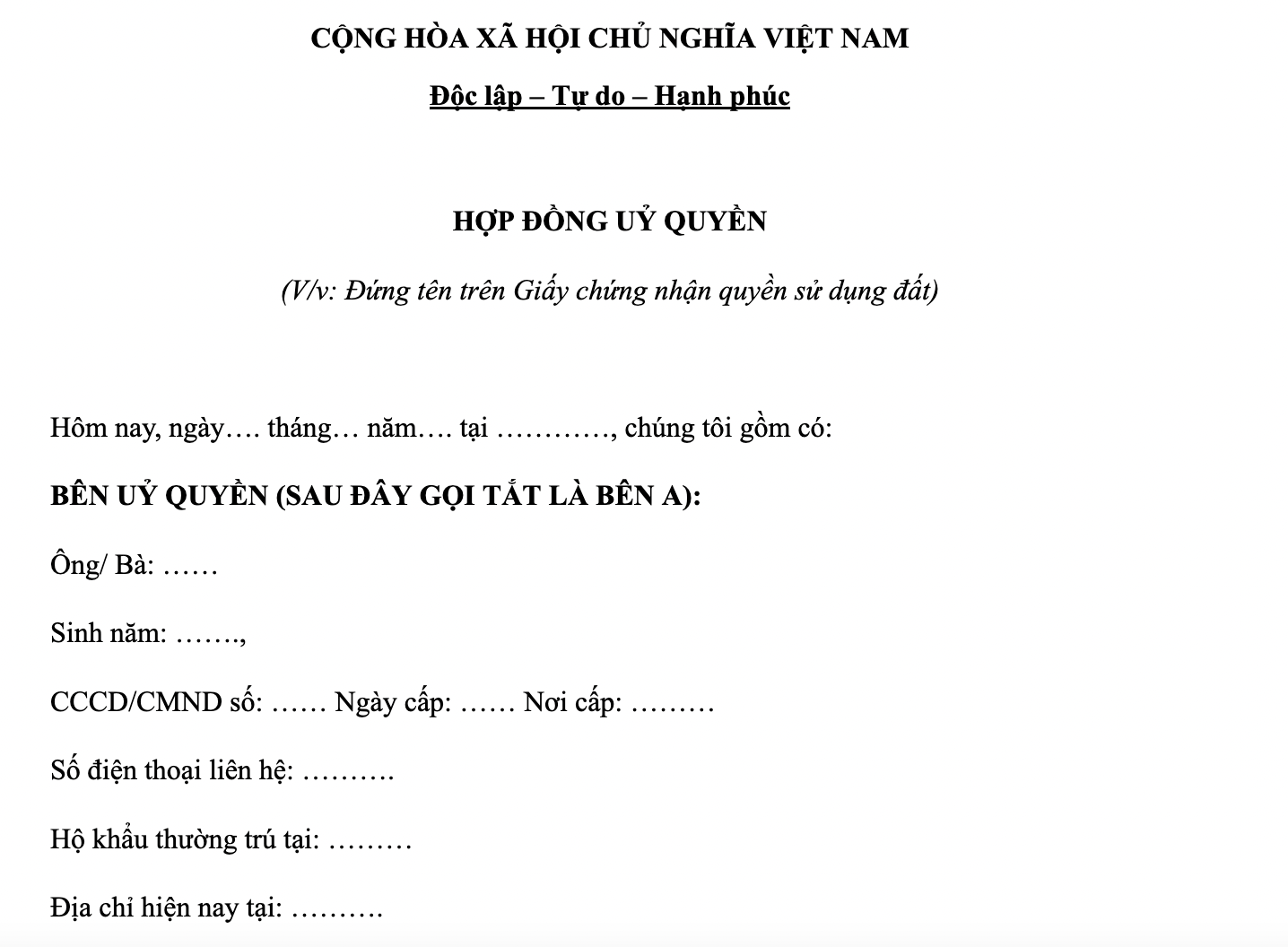 Mẫu giấy ủy quyền đứng tên sổ đỏ