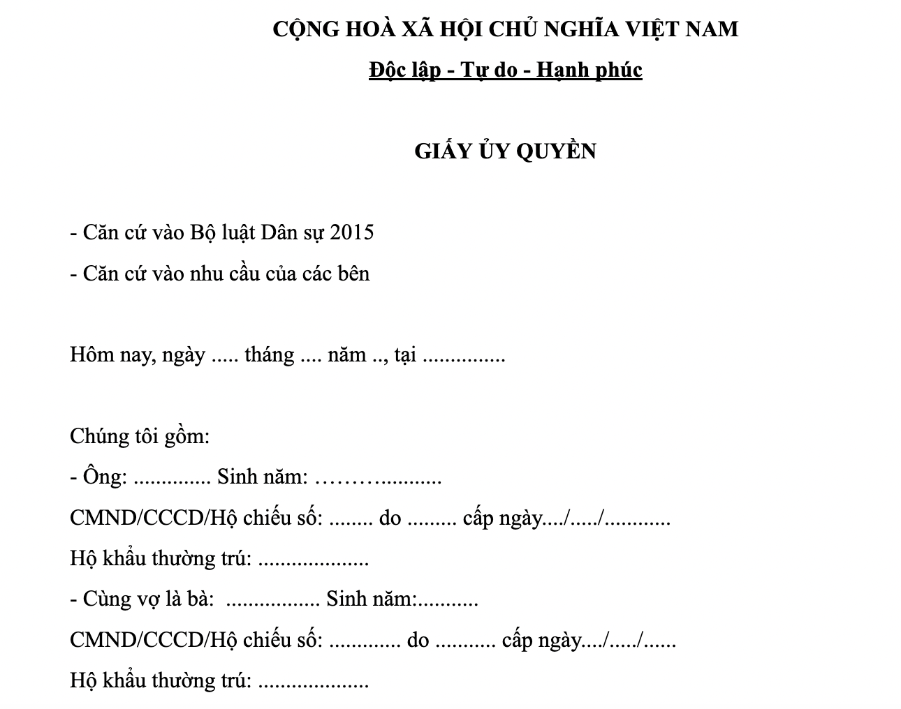Mẫu giấy ủy quyền làm sổ đỏ