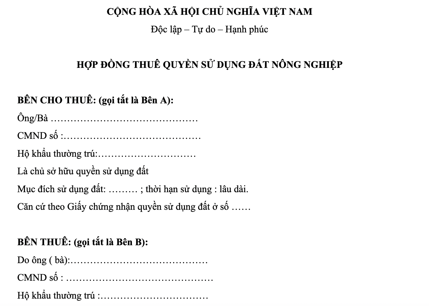 Mẫu hợp đồng thuê đất nông nghiệp